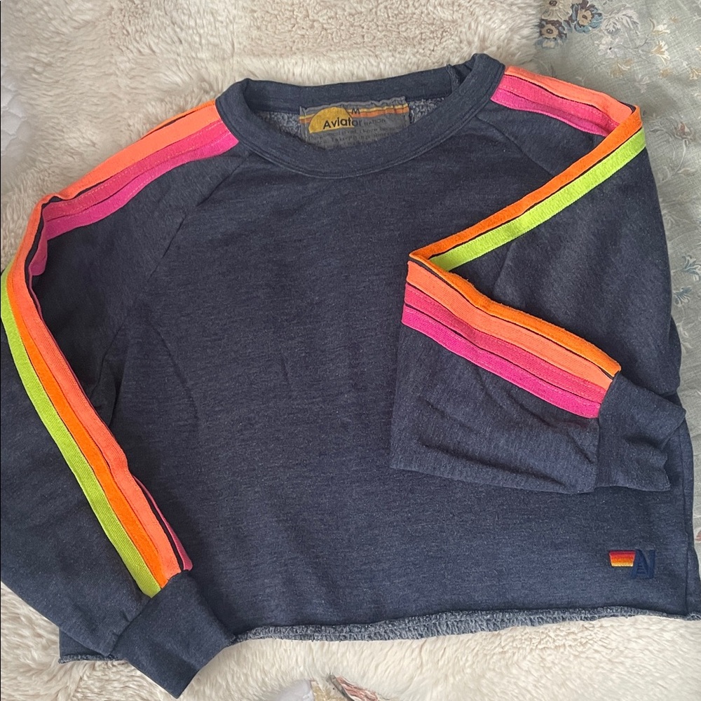 Aviator Nation bolt  Dark Blue cropped sweatshirt with Neon Stripes